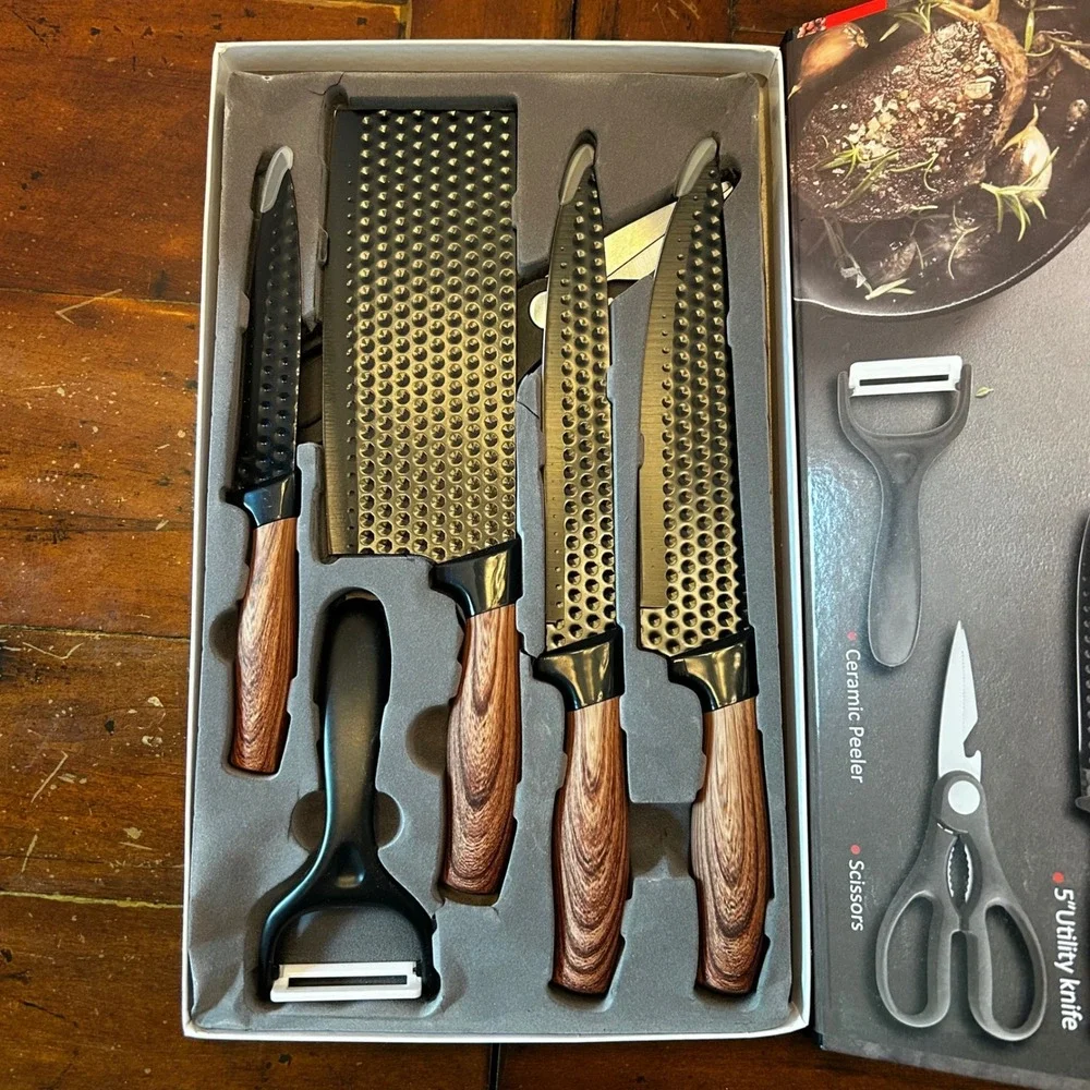 EREASTHQS Knife Set Black 6 Piece Non-Stick Wood Grain Handle New